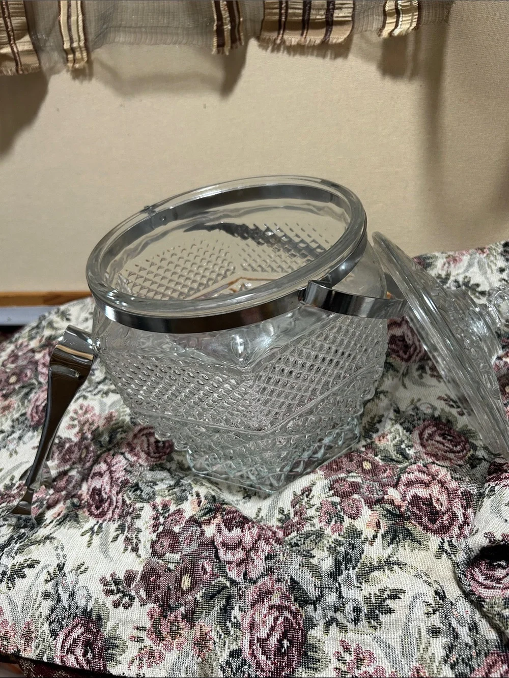 Cut Glass Covered Ice Bucket with Silver-Tone Accents
